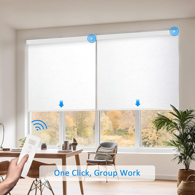 COOLWINDS Motorized Blinds with Remote Cordless Automatic Motorized Shades Custom Blinds for Windows Smart Curtains Compatible with Alexa Google Home(Blackout Jacquard White,Custom Size)