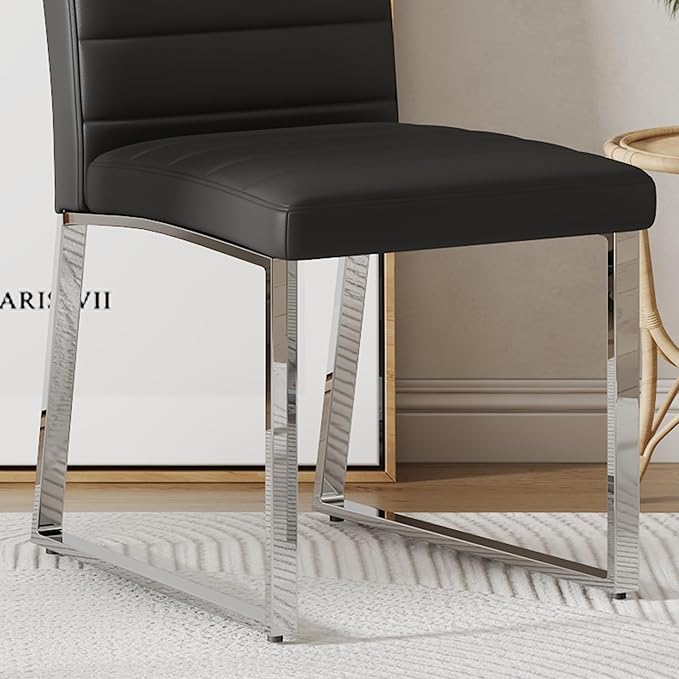Modern Dining Chairs Set of 4, White Faux Leather Kitchen Chairs, Upholstered Armless Dining Room Chair with Gold Mental Legs Heavy Duty, Comfortable (Black Chairs, Set of 2)