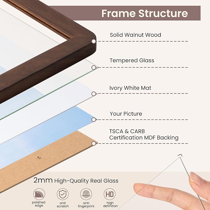 11x14 Picture Frame - Solid Walnut Wood Frame With Mat For 8x10, 11x14 Poster Frame, Plexiglas and Hanging Hardware Included, 11 By 14 Picture Frame Wood, Natural Walnut