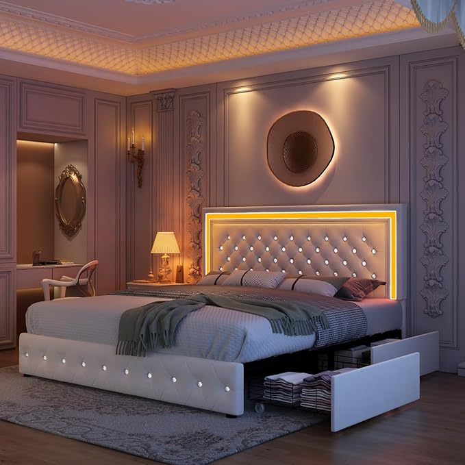 King Led Bed Frame with 4 Storage Drawers, Bed Frame with Led Lights No Box Spring Needed, 900 lbs Capacity, Easy Assembly, Velvet Cream