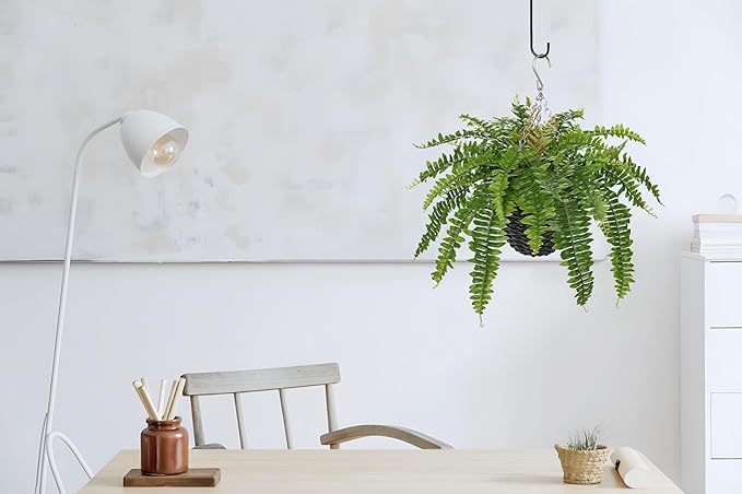 Hollyone 21" Artificial Boston Fern Hanging Basket 31 Leaves Fake Ferns in Rattan Pot Medium Greenery Plants for Outdoors & Indoor Faux Fern Bush Basket Plant Patio Garden Home Decor Green