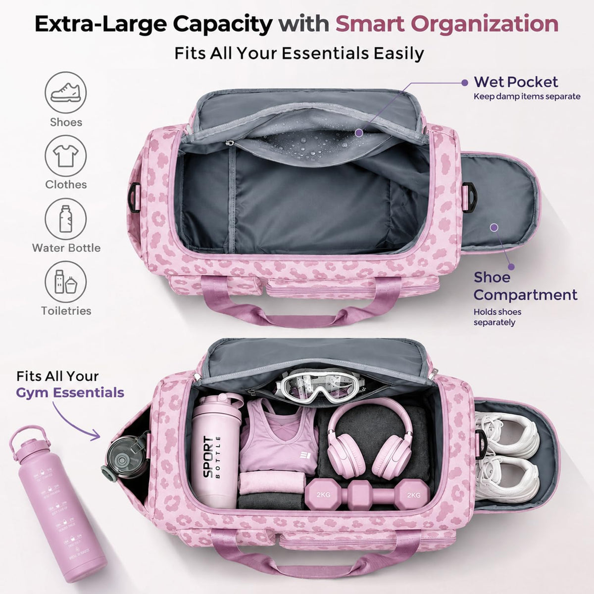 FIORETTO Women's Gym Duffle Bag with Shoes Compartment, 30L Capacity, Ideal for Travel, Gym, Sports, Duffel, Weekender, Leopard Pink