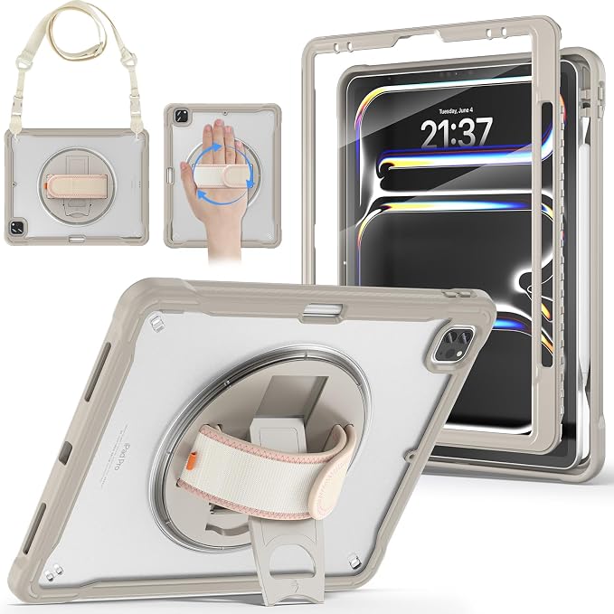 BRAECNstock Full-Body Case for iPad Air 13/Pro 12.9(3-6th)Khaki | Drop-Proof Case with Pencil Holder &amp Screen Protector | 360° Stand for Hands-Free Travel Strap | DIY-Friendly Frosted Back