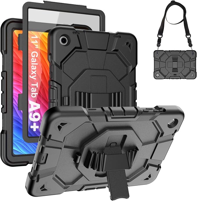 Heavy Duty Shockproof Case for Samsung Galaxy Tab A9+ Plus 11 2023 (SM-X210/X216/X218) [Dual Front Frame] with/No Screen Protector 360 Rotating Stand Hand &amp Shoulder Strap (Black/Black)