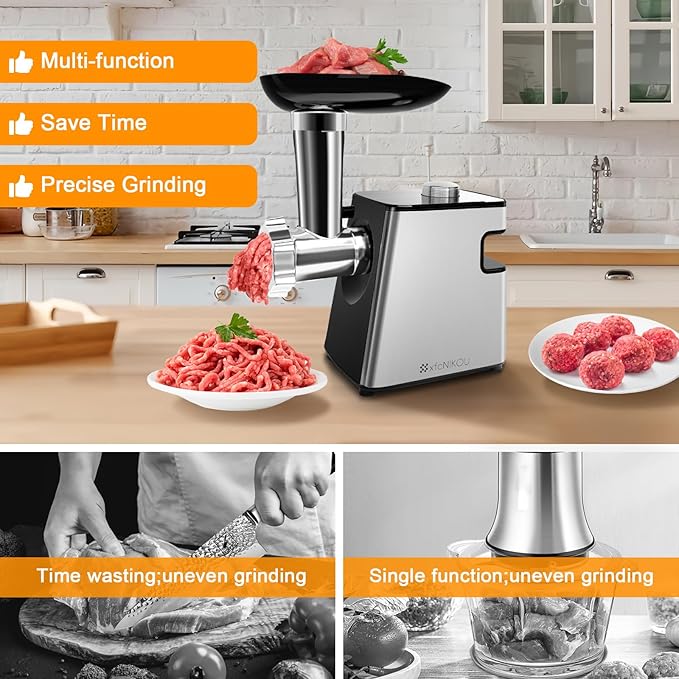 XFCNIKOU Electric Meat Grinder, Cheese Grater, 2800W Max Stainless Steel Veggie Shredder, Vegetable Cutter with 5 Slice Blades, 3 Grinding Plates, Sausage Stuffer & Kubbe Kit, for Home Kitchen Use