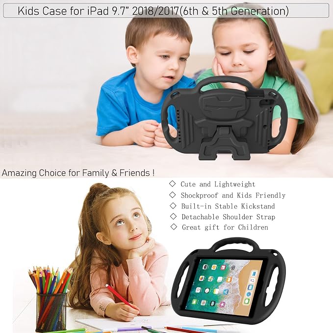 LTROP Kids Case for iPad 5th/6th Generation (2017/2018) &amp Air 2 Shoulder Strap Handle Stand Shockproof Bumper Cute Kid Case for iPad 9.7 Inch Black