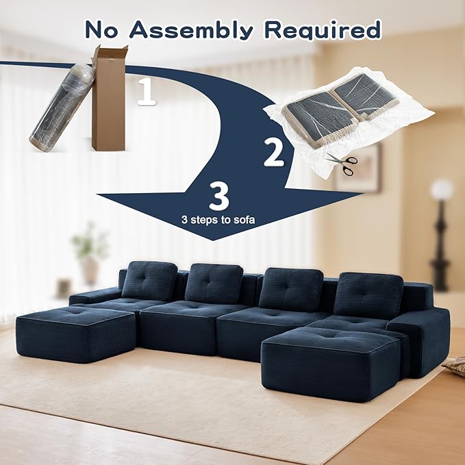 150" Modern Corduroy Cloud Sofa with Ottoman, U Shaped Boneless Modular Large Sectional Couches for Living Room, Blue 4 Seater Compressed Memory Foam Couch, Extra Deep Seat, No Assembly