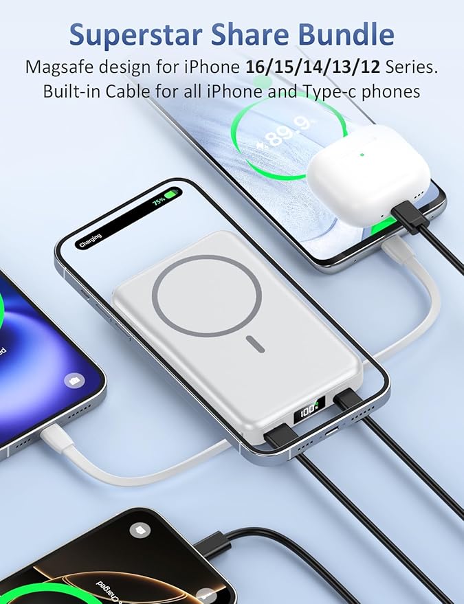 Magnetic Portable Charger, 10000mAh Power Bank, 5 in 1 Portable Charger with Built in Cable, 20W Fast Charging for Magsafe Battery Pack Compatible with iPhone 16/15/14/13 Pro/Pro Max, Samsung Series