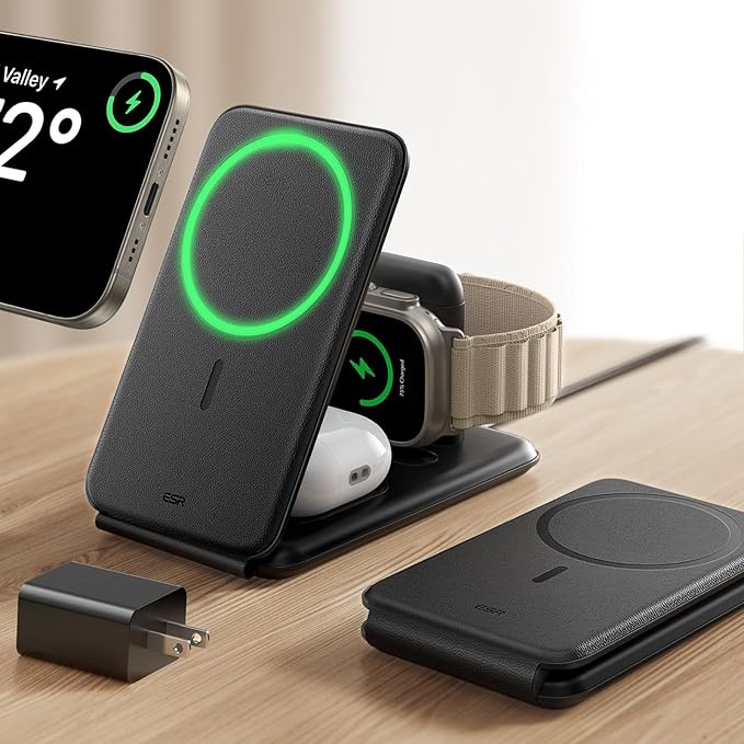 ESR 3 in 1 Charging Station for Apple, Certified Apple Watch Charger, 15W MagSafe Charger Stand for iPhone, Travel Charger for iPhone 17/16/15/14/13, Watch, AirPods,Black