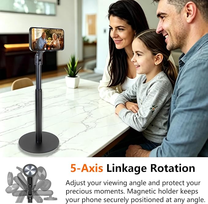 Phone Stand for Desk with MagSafe Magnetic Function，Aluminum Alloy Phone Stand 360° Rotatable &amp Telescopic for Video Recording，Stand for iPhone 17 Pro Max 16/15/14/13/12 and for Samsung.