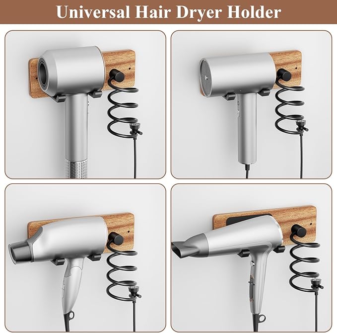 Tindbea Hair Dryer Holder Curling Iron Holder, Blow Dryer Holder Wall Mount, Bathroom Hair Tool Organizer Rack for Universal Dryer, Sapele Wood Matte Black