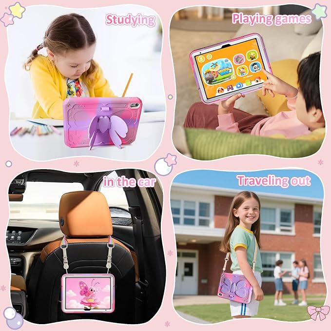 for iPad 10th Case 10.9 Inch for iPad A16 Case for Kids Girls Purple Pink | Built in Pencil Holder Stand Durable Rugged Heavy Duty Shockproof Protective Cover for iPad 10th Generation with Strap