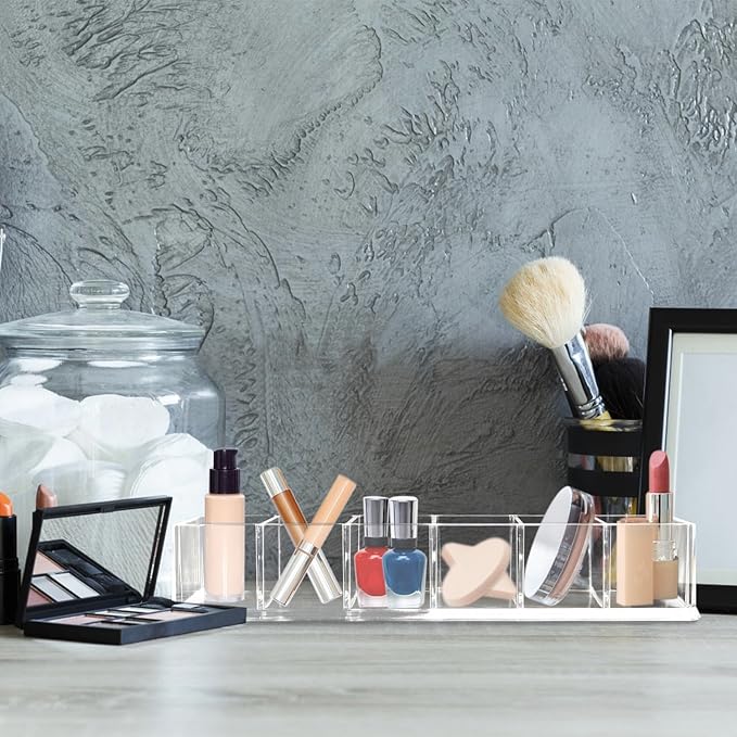 Nsmykhg Makeup Organizer Acrylic Cosmetic Storage Organizer,6 Compartments Acrylic Cosmetic Storage Jewelry Display Boxes, Clear Drawer Organizers Case,4 Pack (10 x 3.5 x 1.9 inches)