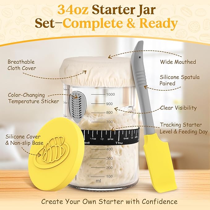 Sourdough Starter Kit with Cotton Rope Banneton Basket & Jar for Beginners
