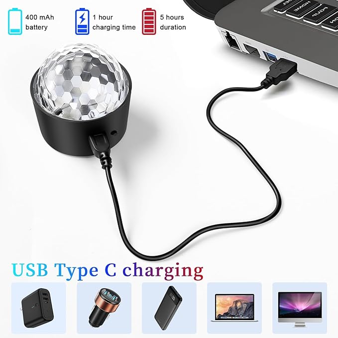 Wiwreenm Mini Disco Ball Light,Rechargeable Party Lights,Sound Activated Strobe DJ Light,Portable Battery Operated,Night Lights Projector for Kids,Halloween,Disco Decoration for Car/Parties