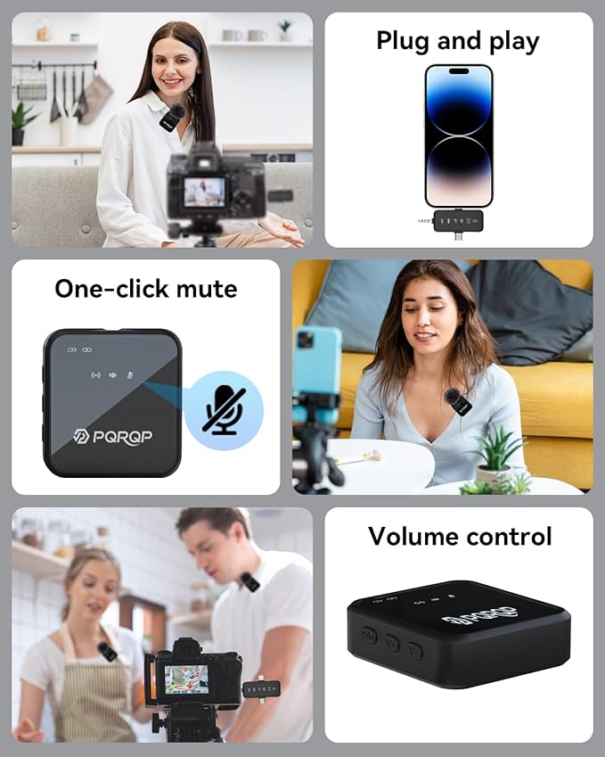 PQRQP 3 in 1 Microphone for iPhone/Android/Camera, Wireless Lavalier Microphone, 328ft Transmission, 18H Battery Life, Mini Microphone for Record Interview, Vlogs, YouTube, Tiktok