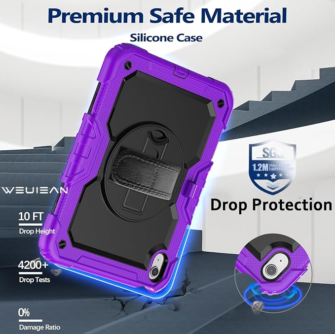 Weuiean Case for iPad A16 11th/10th Generation 11/10.9 Military-Grade Heavy-Duty Shockproof Cover with 360° Rotating Stand Built-in Pencil Holder &amp Adjustable Hand/Shoulder Strap - Black