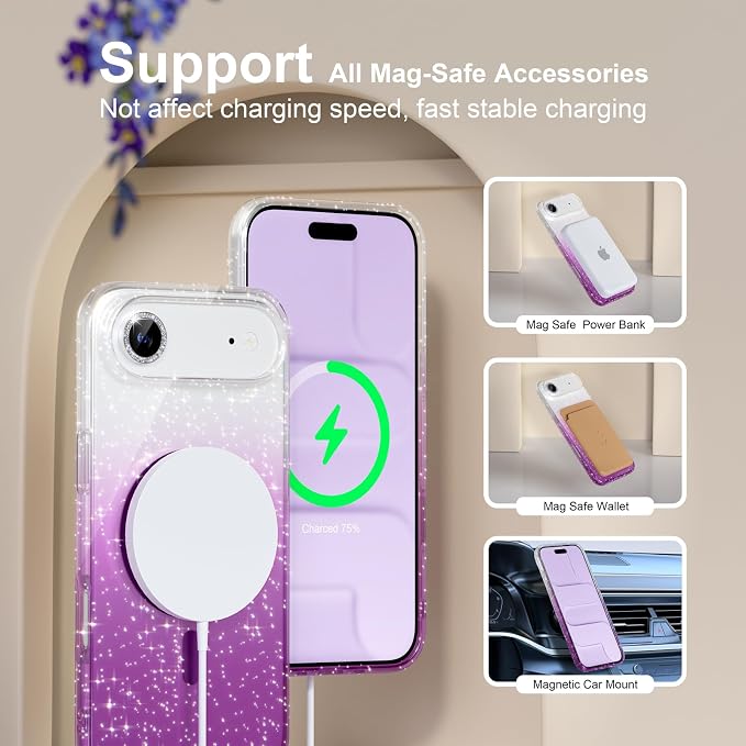 Choiche for iPhone 15 Pro Max Case Compatible with MagSafe Glitter Black | Women Girly Cute Glitter Sparkly Magnetic Phone Case with Diamond Camera Lens Protectors Military-Grade Drop Protection 6.7