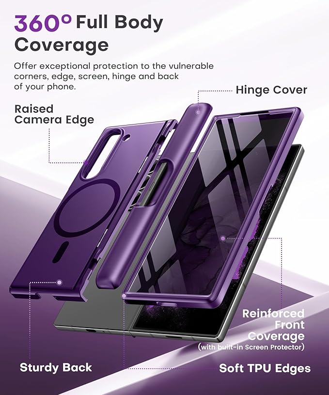BERFY Magnetic for Samsung Galaxy Z Fold 6 Case with Privacy Screen Protector, [Compatible with MagSafe][Anti Spy] Built-in S Pen Holder & Kickstand, Full-Body Shockproof Case for Z Fold 6, Purple
