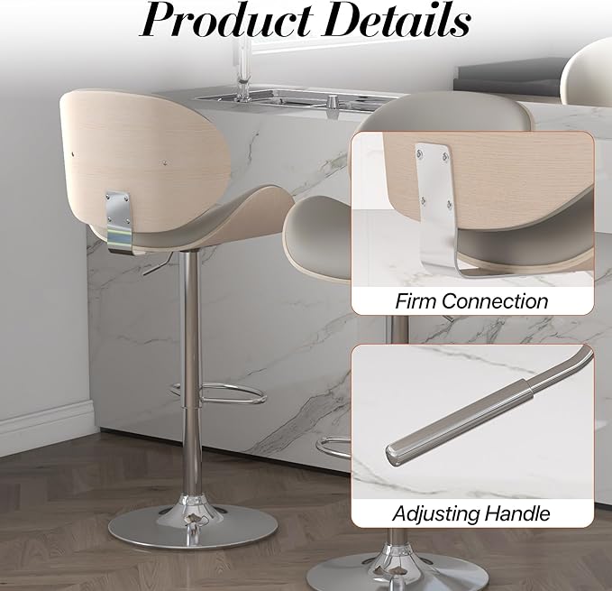 Adjustable Swivel Bar Stools 1 PC, Modern Bentwood Barstool with Large Metal Base and Footrest, PU Leather Upholstered Bar Chair with Curved Back for Kitchen Island Dining Room, Gray