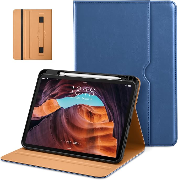 DTTO for iPad (A16) 11th Generation 11-inch &amp 10th Gen Case Brown | Premium Leather Business Cover with Pencil Holder Hand Strap &amp Pocket Corner Protection Auto Sleep/Wake for Work &amp
