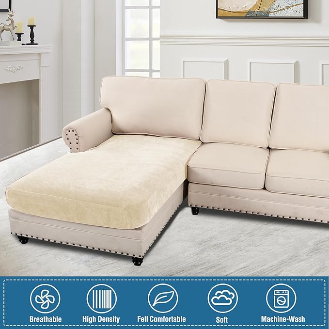 H.VERSAILTEX Stretch Sofa Cushion Covers Chenille Chaise Cushion Cover Thick Soft Sectional Couch Covers for L Shaped Sofa Both Left/Right All Seasons Universal(Chaise Cushion Cover,Beige)