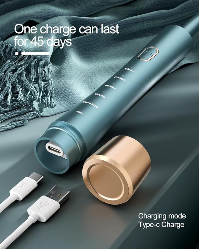 AJELU USB Rechargeable Sonic Electric Toothbrush for Adults, Powered Motor High Vibration Teeth & Gum Care, Soft Dupont Brush Heads, 2 Minutes Timer 5 Modes, Green