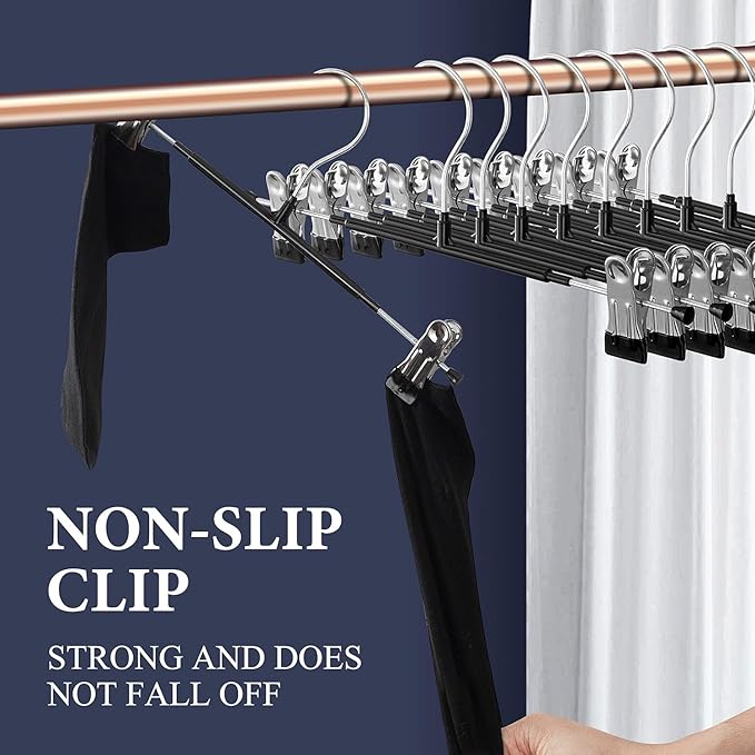 Pants Hangers with Clips 60 Pack Adjustable Skirt Hangers for Women Non-Slip Trousers Hanger for Jeans Clothes Hangers for Pants Heavy Duty Space Saving Shorts Hangers,Black,14Inch