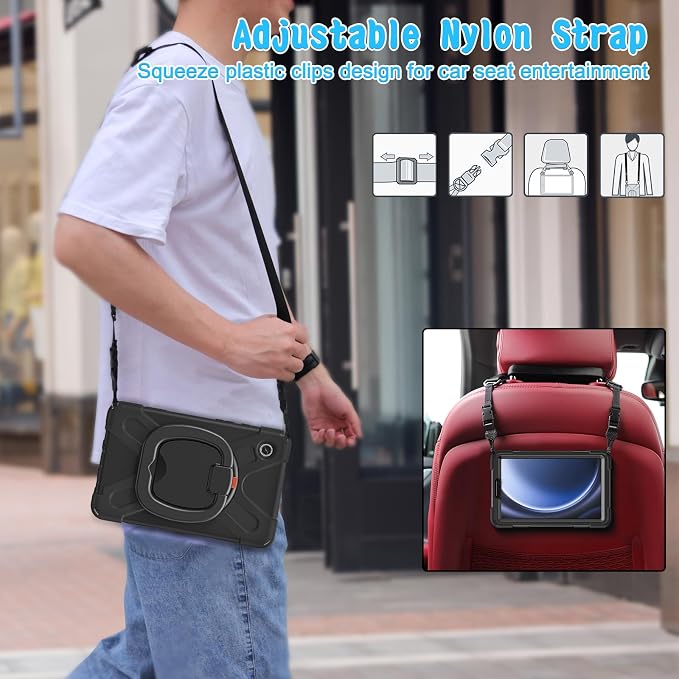 Case for Galaxy Tab A9 8.7 2023 (SM-X110/ X115) Heavy Duty Protective Case with 360 Degree Swivel Stand&ampHand Strap&ampShoulder Strap (Black)