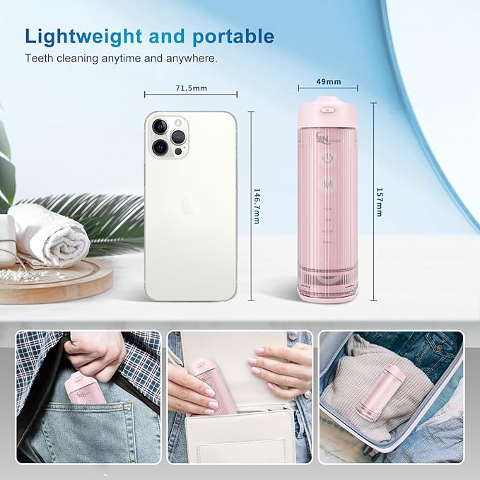 JNGOODS Mini Portable Water Flosser Oral Irrigator Water Teeth Cleaner Pick, Telescopic Water Tank, 4 Modes & IPX7 Waterproof, Home & Travel Water Flossers for Teeth, Braces Bridges Care. (Pink)