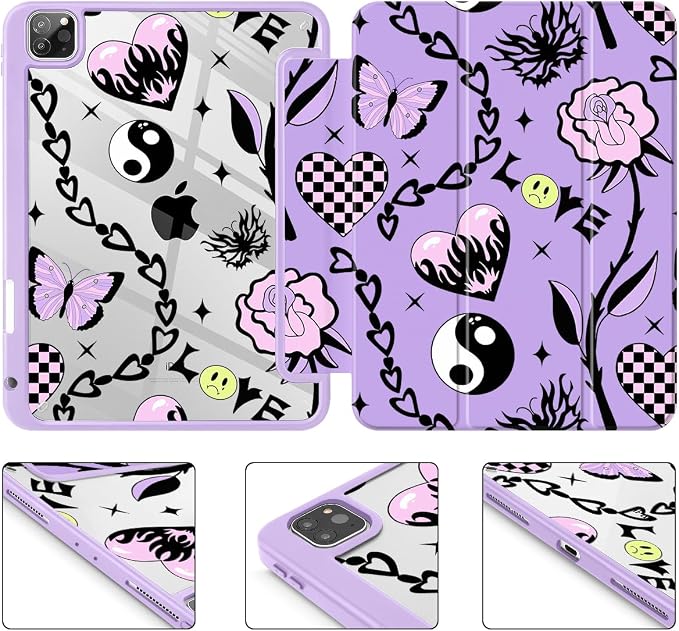 Case for iPad 12.9 Inch (6th/5th/4th/3rd Generation 2022/2021/2020/2018) Pencel Holder + Trifold Support Auto Sleep/Wake Transparent Shockproof Back Cover Abstract Floral SD163