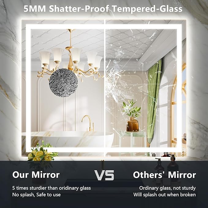 YEELAIT 44x32 Inch LED Bathroom Mirror with Lights Front and Backlit Lighted Vanity Mirror for Bathroom Wall with 3 Colors Dimmable Anti-Fog Memory Shatter-Proof IP54 Waterproof Horizontal/Vertical