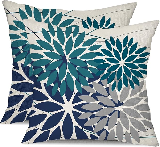 DFXSZ Outdoor Pillow Covers 16x16 Inch Set of 2 Dark Blue Grey Flower Decorative Waterproof Summer Outdoor Pillow Covers for Patio Funiture Garden Couch 168L16