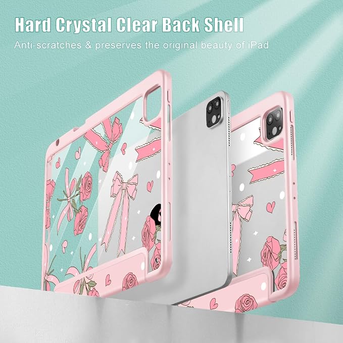 Tuiklol for iPad Pro 11 Inch 4th / 3rd / 2nd / 1st Gen (2022 2021 2020 2018) Case -Built-in Pencil Holder Shockproof Cover Clear Transparent Back Shell with Auto Wake/Sleep Black Flower