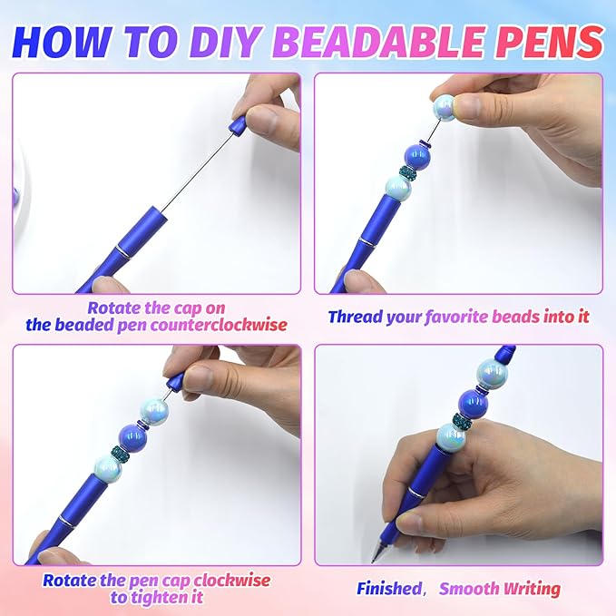 150 Pieces DIY Beadable Pen Kit – 50 Plastic Ballpoint Pens with Refills & Bags – School Supplies, Office Accessories & Decorative Items for Students & Teachers (Blue)