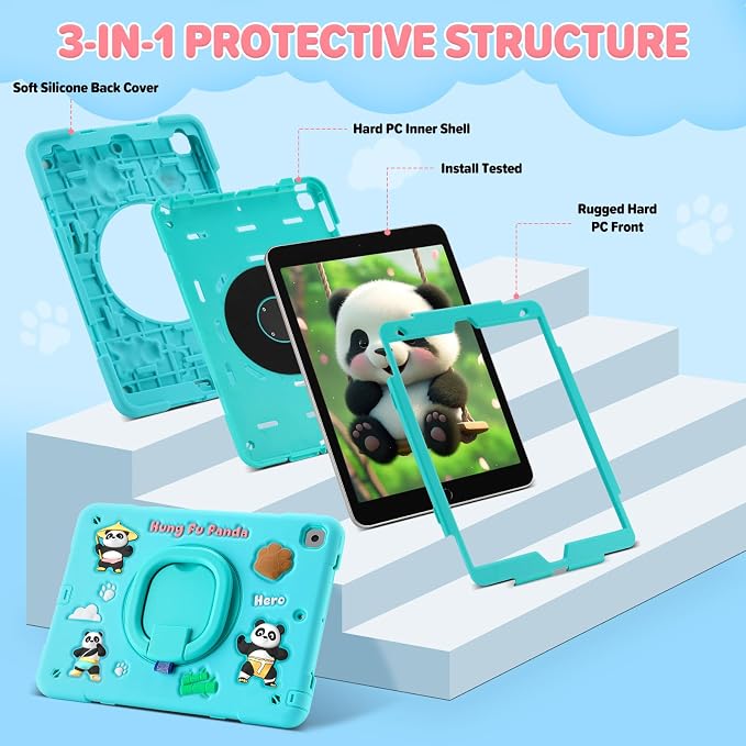 Case for iPad A16 11th Generation 11 Inch 2025 iPad 10th Generation 10.9 Inch 2022 Silicone 3D Panda Design Kids Case Heavy Duty Protection with Kickstand/Pencil Holder/Strap