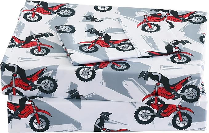 Viviland 3 Pieces Boys Grey Twin Sheet Set - Soft Microfiber Fitted Flat Sheets & Pillowcase - Red Motorcycle Print Bedding Sets - for Kids & Toddlers