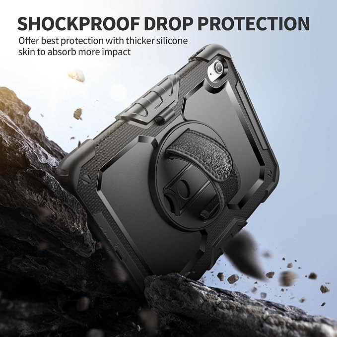 Ambison Case for iPad (A16) 11th/10th Generation 11''/10.9'' Black | Hand Strap 9H Tempered Glass Screen Protector Rotating Stand Shoulder Strap Heavy Duty Shockproof Pencil Holder