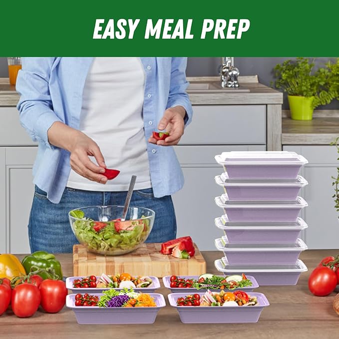 50 Pack (100-Piece) 32 oz Meal Prep Containers Reusable with Easy Open Lids, Sturdy Leakproof Food Safe, Microwave Freezer Dishwasher Safe, To Go Take Out Plastic Food Storage Pans with Lids, Lilac