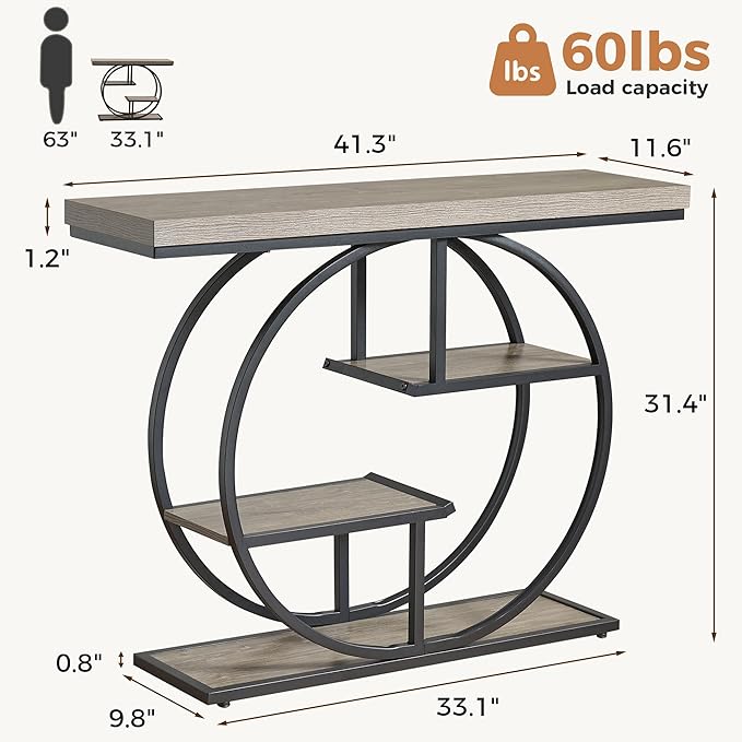 41.3" Sofa Table, Industrial 4-Tier Entryway Table with Circle Base and 1.7" Thickened Top, Narrow Console Table with Storage for Living Room, Hallway, Foyer, Grey