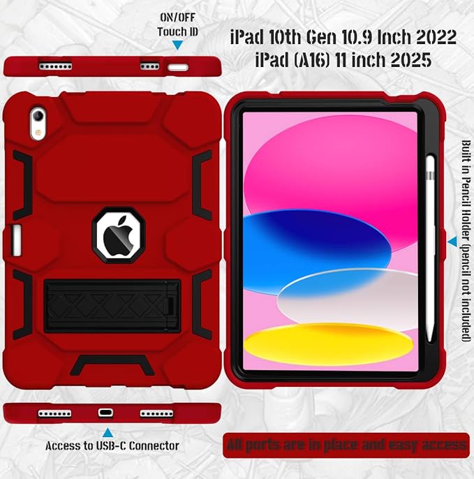 Case for iPad 11 11th Gen (A16) 2025 &amp 10th Gen 2022 10.9 Purple+Green | Kickstand | With Pencil Holder | Drop-Proof Silicone+Hard Shell | Raised Edge Protects Screen&ampCamera | Heavy Duty Pr