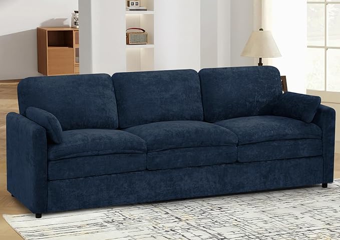 89" Chenille Soft Sofa w/Well-Filled Backrests, Modern Couch w/Plump Pillows, 3 Seater Upholstered Couch w/Thick & Comfy Cushions for Living Room, Bedroom, Blue