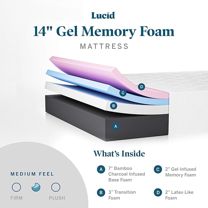 LUCID 14 Inch Memory Foam Mattress - Medium Feel - Memory Foam Infused with Bamboo Charcoal and Gel - Temperature Regulating - Pressure Relief - Breathable - Premium Support - Queen Size