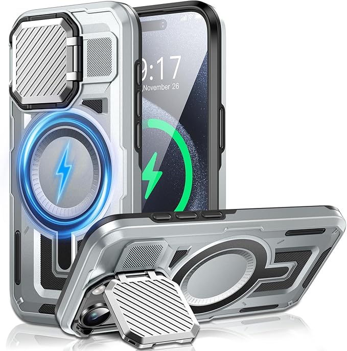 Camera Stand Case for iPhone 15 Pro, [Compatible with MagSafe] [Lens Cover] 2024 Version Military Grade Protective Soft Case for iPhone 15 Pro 6.1 inch Men Women, Grey