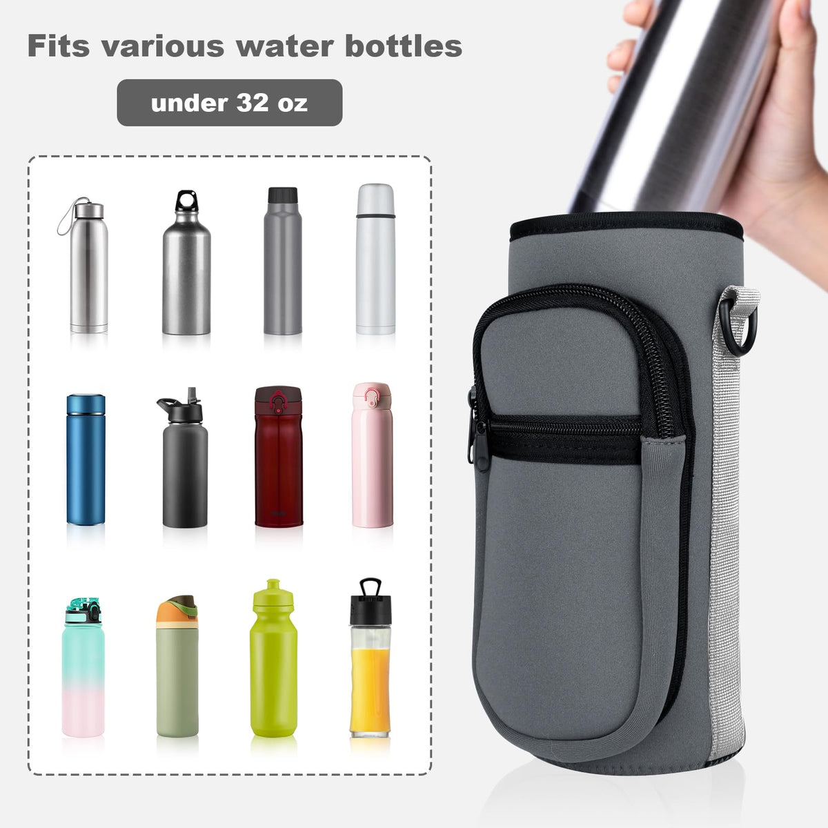 Crossbody Water Bottle Holder with Strap, Phone Pocket(Gray, 32, Ounces)