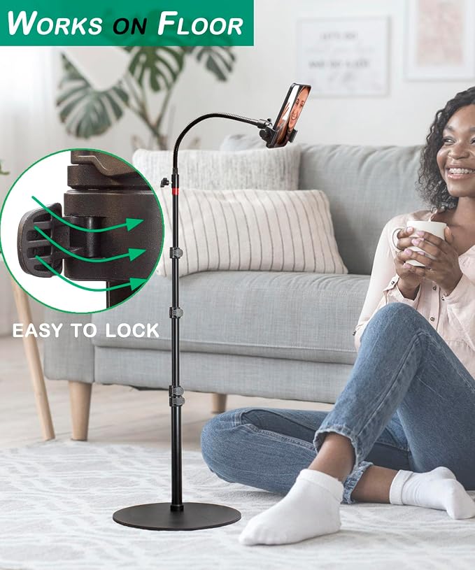 Tall Video Cell Phone Mount with Height Adjustable Stand Heavy Base 360 Head - Compatible with iPhone 16 16 Pro Max 16 Plus 15 14 13
