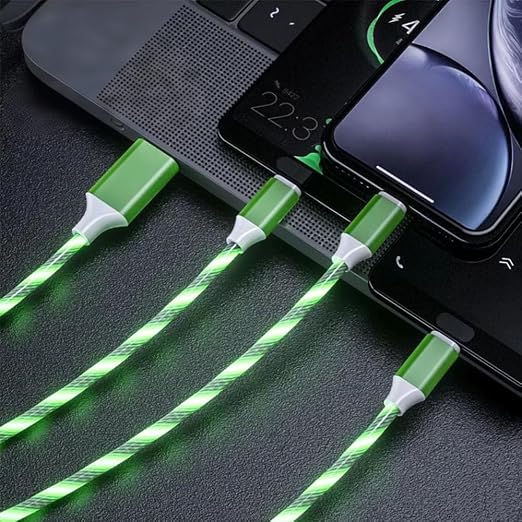 IHAO Multi Ports Light-Up USB Cable USBA to USBC/MicroUSB Cable Durable Fast Charging Cable with Visible Current Flow As Night Light Use-3in1 Blue