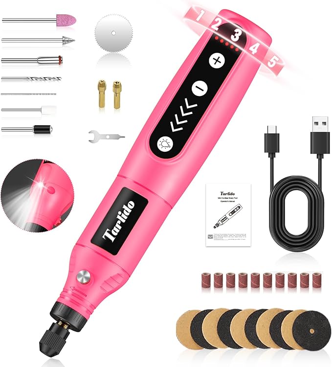 Cordless Rotary Tool Kit, 3.7V 2.0Ah Rechargeable Battery, 18000RPM 5-Speed Multi Power Carving Tools, 31Pcs Accessories, Engraving, Sanding, Grinding, Polishing, Carving, Etching, DIY-Pink
