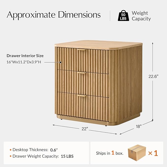Fluted Nightstand with 3 Drawers, Modern End Table with Charging Station, USB Type-C Ports & Metal Frame for Bedroom,Natural