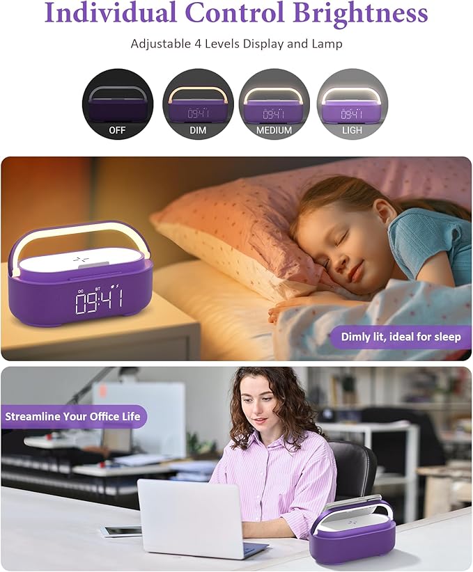 COLSUR Bluetooth Speaker Alarm Clock with Wireless Charger, FM Radio, Adjustable LED Night Light, 6 in 1 Bedroom Portable Speaker 2500mAh, Phone Stand for Bedside, Home, Office, Gift (Purple)